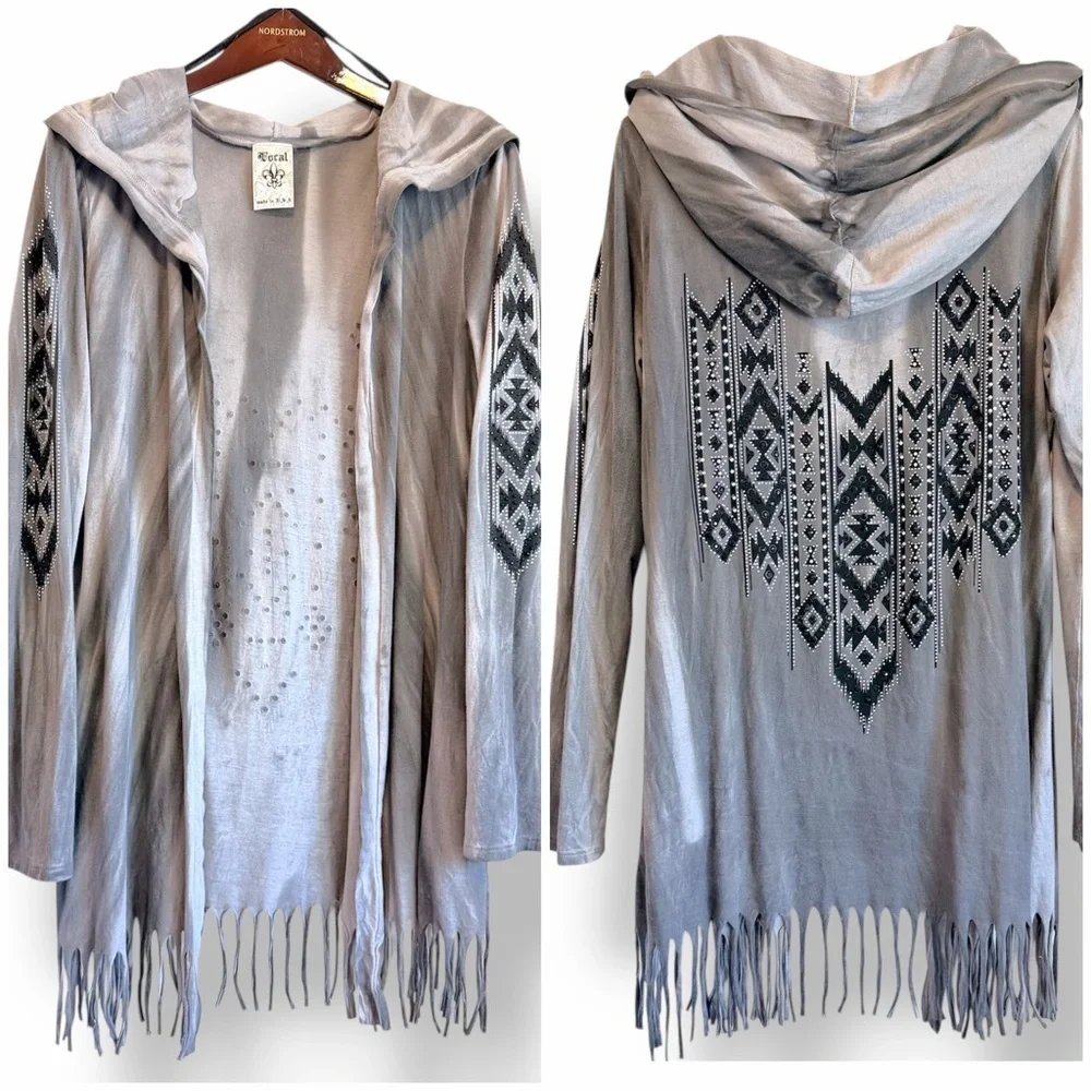 Vocal 100% Cotton embellished open front hooded Cardigan, fringed hem tie dye XL